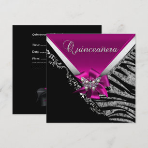 Quinceanera 15  Birthday Zebra Pink Black Silver Invitation