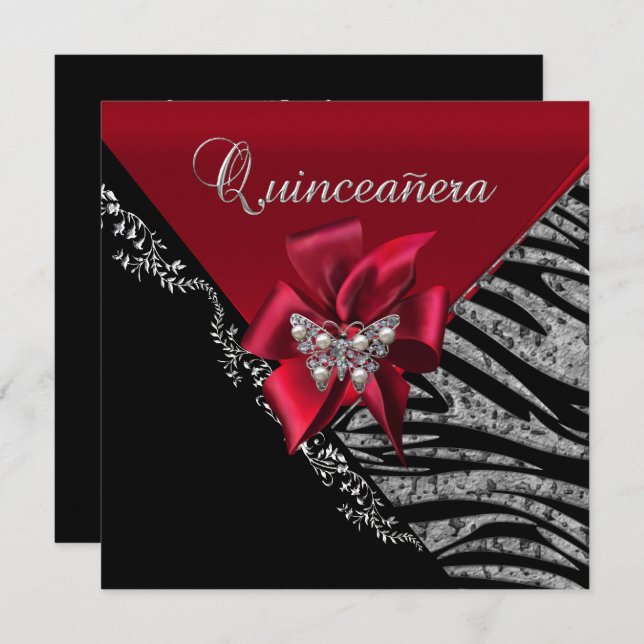 Quinceanera 15  Birthday Zebra Red Black Silver Invitation (Front/Back)
