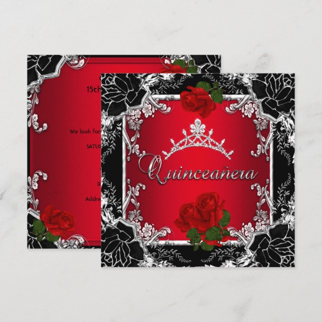 Quinceañera 15 Black Silver Tiara Red Rose Floral Invitation (Front/Back)