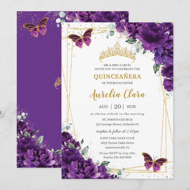 Quinceañera 15 Dark Royal Purple Floral Butterfly Invitation (Front/Back)