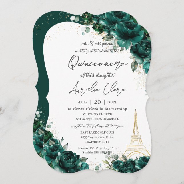 Quinceañera 15 Emerald Green Floral Eiffel Paris Invitation (Front/Back)