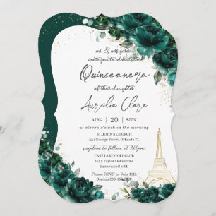 Quinceañera 15 Emerald Green Floral Eiffel Paris Invitation