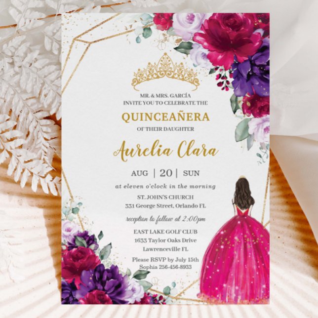 Quinceañera 15 Fuchsia Dress Purple Lilac Floral Invitation (Creator Uploaded)