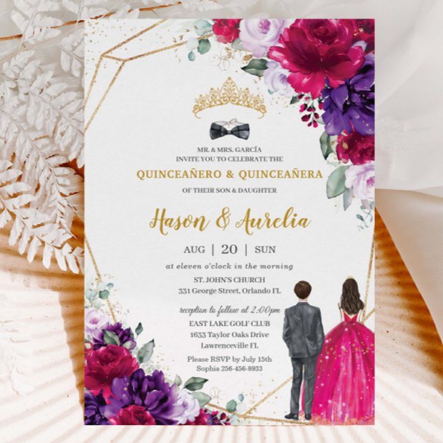 Quinceañera 15 Fuchsia Purple Lilac Floral Twins Invitation (Creator Uploaded)