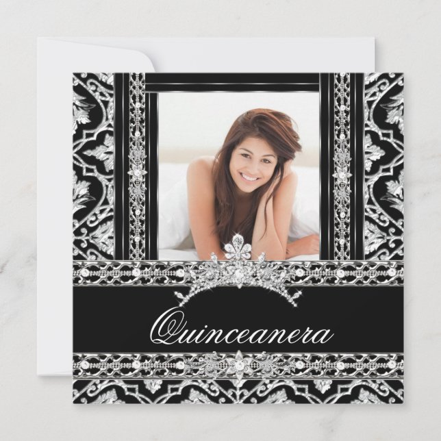 Quinceanera 15 Party Black White Damask Diamond Invitation (Front)