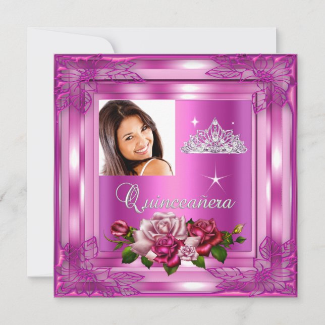 Quinceanera 15 Party Pink Roses Photo Invitation (Front)