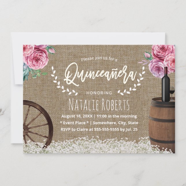 Quinceanera 15 Rustic Burlap Wine Barrel Floral Invitation (Front)