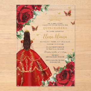 Quinceañera 15 Sweet 16 Red Roses Flowers Floral Acrylic Invitations