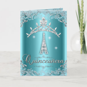 Quinceanera 15 Teal Blue Silver Tiara Eiffel Tower Invitation