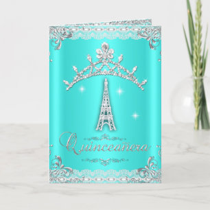 Quinceanera 15 Teal Blue Silver Tiara Eiffel Tower Invitation