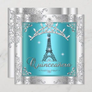 Quinceanera 15 Teal Blue Silver Tiara Eiffel Tower Invitation