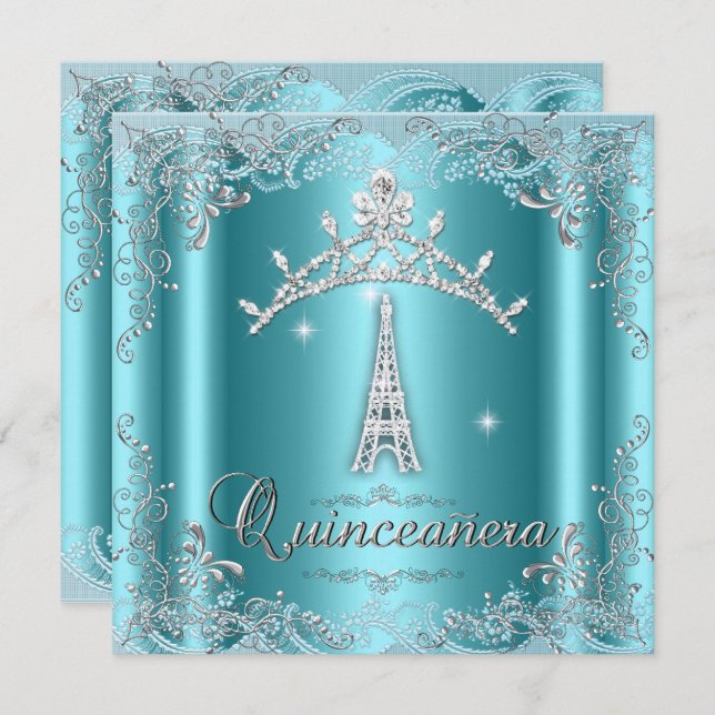 Quinceanera 15 Teal Blue Silver Tiara Eiffel Tower Invitation (Front/Back)