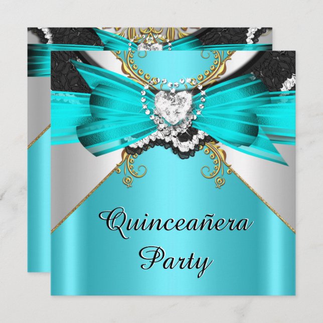 Quinceanera 15 Teal Gold Lace Jewelled Party Invitation (Front/Back)