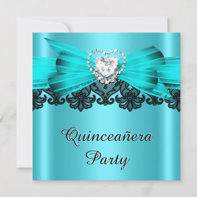 Quinceanera 15 Teal white Lace Jewelled Party 2 Invitation (Front)