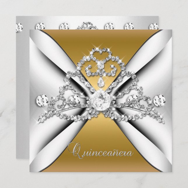 Quinceanera 15 Tiara Gold Silver White Invitation (Front/Back)