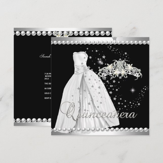 Quinceanera 15 Tiara Gown Black Silver White Invitation (Front/Back)