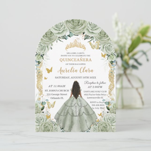 Quinceañera 15 XV Sage Green Floral Gold Arch Invitation (Standing Front)
