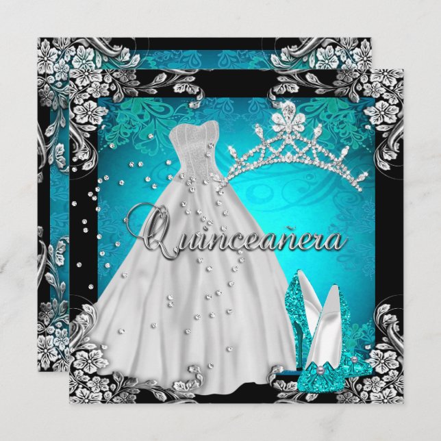 Quinceanera 15th 15 Birthday Teal Dress Shoes Invitation (Front/Back)