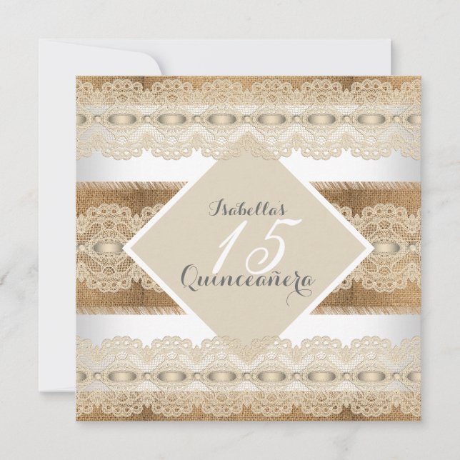 Quinceanera 15th Birthday beige lace Burlap 2 Invitation (Front)