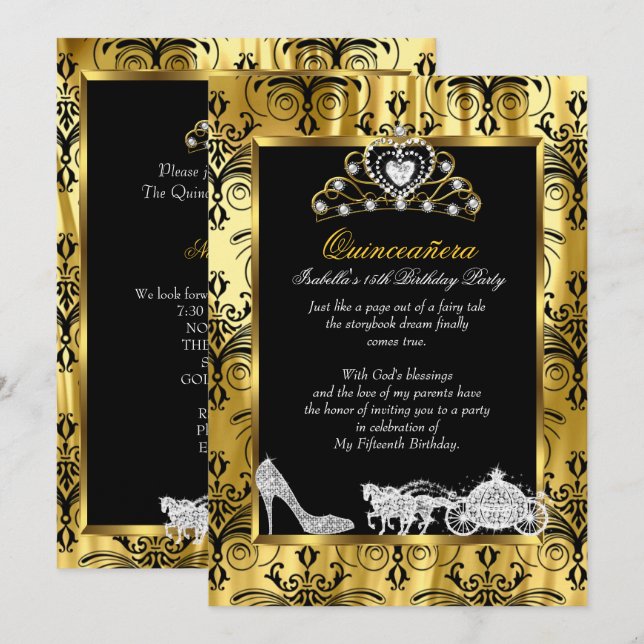 Quinceanera 15th Birthday Black Gold Damask 2 Invitation (Front/Back)