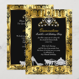 Quinceanera 15th Birthday Black Gold Damask 2 Invitation