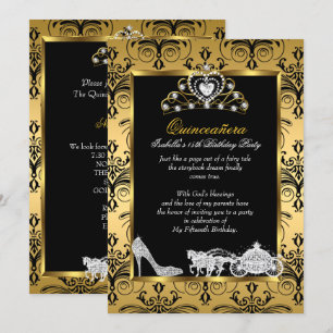 Quinceanera 15th Birthday Black Gold Damask Invitation