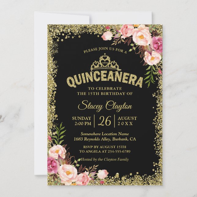 Quinceanera 15th Birthday - Black Gold Pink Floral Invitation (Front)