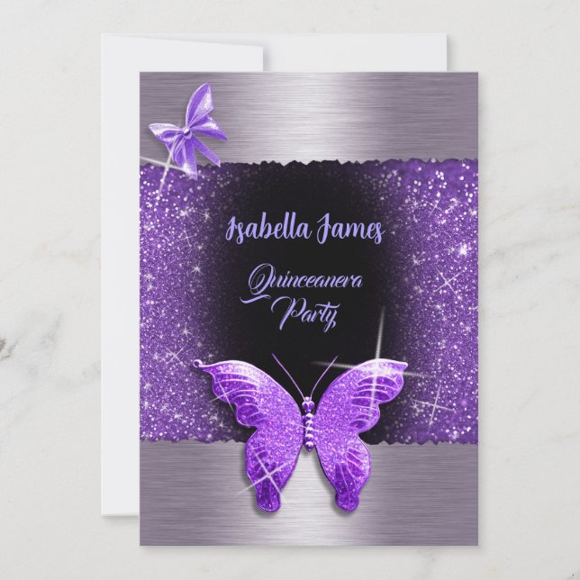 Quinceañera 15th birthday black purple foil luxury invitation (Front)