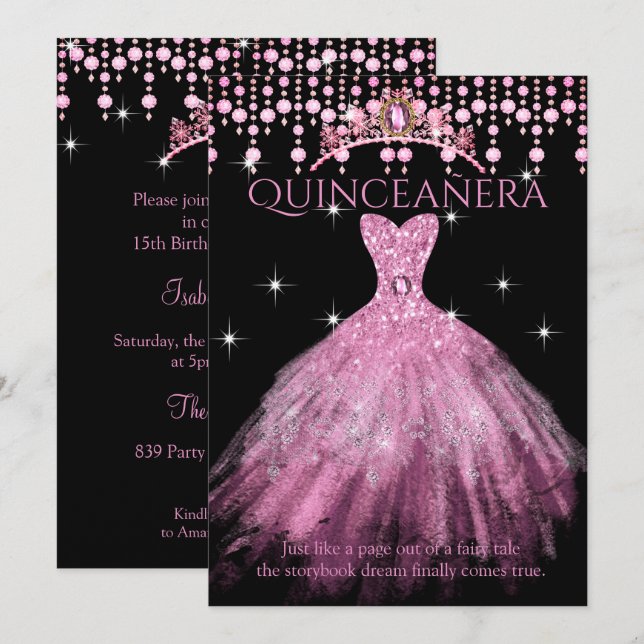 Quinceanera 15th Birthday Blush Pink Dress Tiara  Invitation (Front/Back)