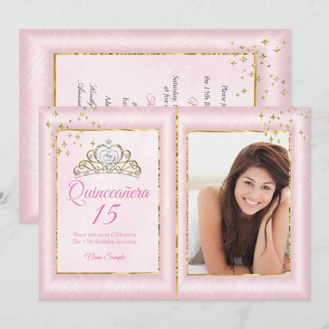 Quinceanera 15th Birthday Blush Pink Gold Photo Invitation (Front/Back)