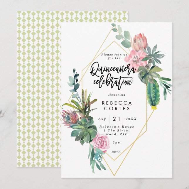 Quinceanera 15th birthday cactus geometric invitation (Front/Back)