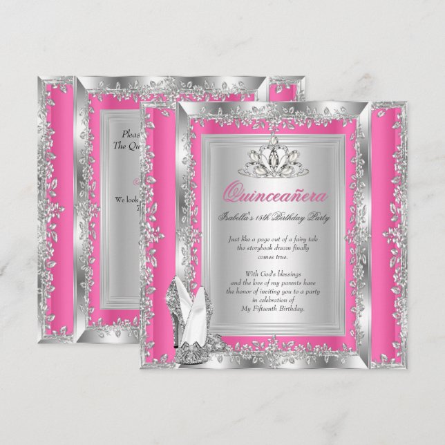 Quinceanera 15th Birthday Candy Pink Silver Shoes Invitation (Front/Back)