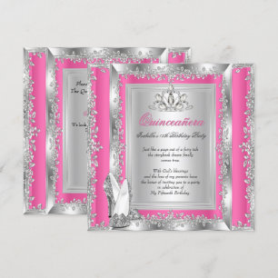 Quinceanera 15th Birthday Candy Pink Silver Shoes Invitation