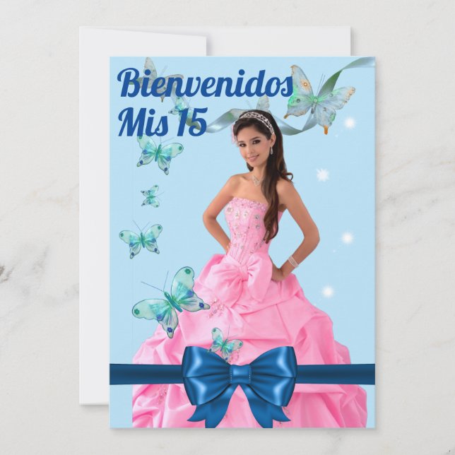  QUINCEAÑERA 15th BIRTHDAY CARD, BLUE BUTTERFLY Invitation (Front)
