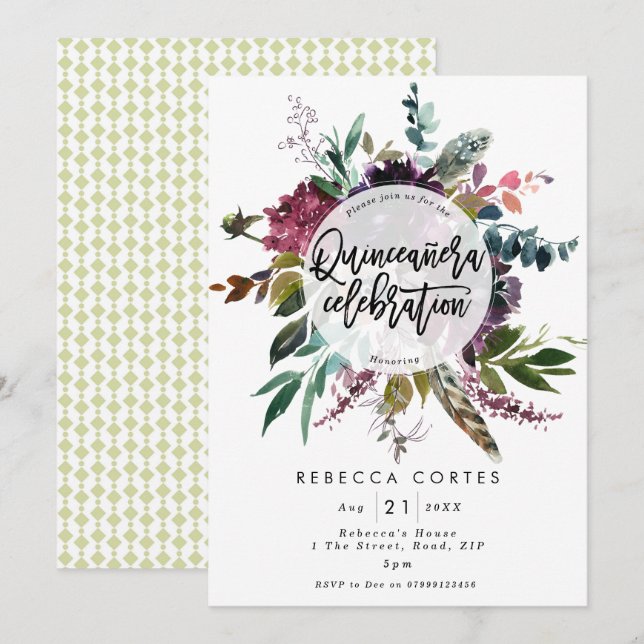 Quinceanera 15th birthday feathers floral invitation (Front/Back)