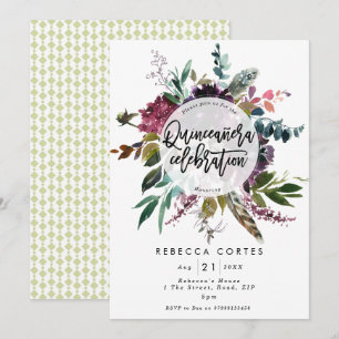 Quinceanera 15th birthday feathers floral invitation