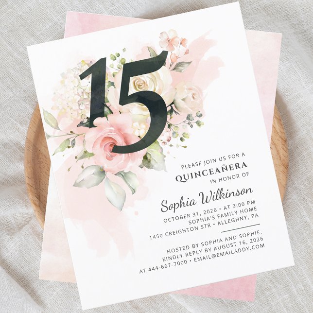 Quinceanera 15th Birthday Floral Party Invitation (Quinceanera Floral Pink Botanical 15th Birthday Party Invitation)