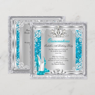 Quinceanera 15th Birthday Glitter Teal Shoes Invitation