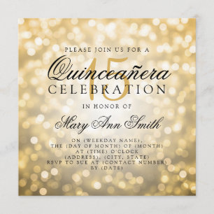 Quinceanera 15th Birthday Gold Bokeh Lights Invitation