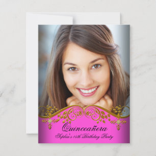 Quinceañera 15th Birthday Gold Pink Lace Photo Invitation