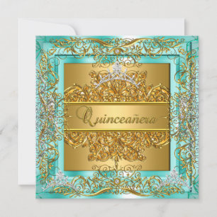 Quinceañera 15th Birthday Gold Teal Silver Tiara Invitation