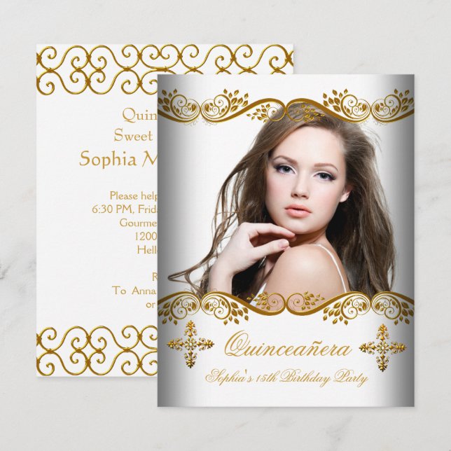 Quinceañera 15th Birthday Gold White Lace Photo Invitation (Front/Back)