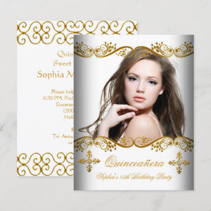 Quinceañera 15th Birthday Gold White Lace Photo Invitation