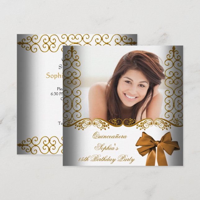 Quinceanera 15th Birthday Gold White Lace Photo Invitation (Front/Back)
