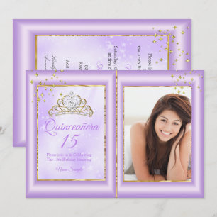 Quinceanera 15th Birthday Lilac Purple Gold Photo Invitation