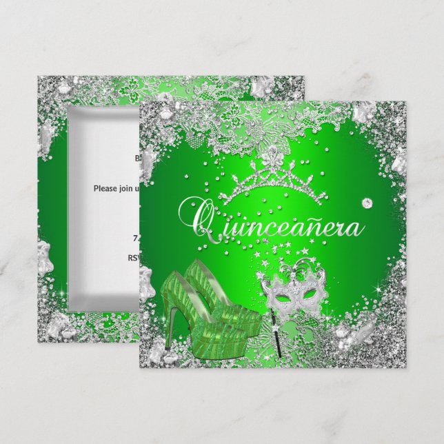 Quinceanera 15th Birthday Lime Silver Mask Tiara Invitation (Front/Back)