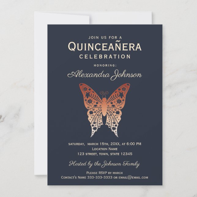 Quinceanera 15th Birthday Navy and Rose Gold Invitation (Front)