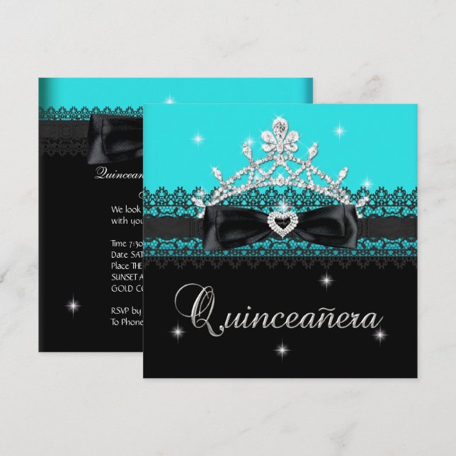 Quinceanera 15th Birthday Party Blue Black Lace Invitation (Front/Back)