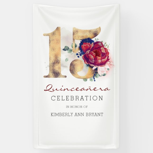 Quinceañera 15th Birthday Party Burgundy Red Navy Banner (Vertical)