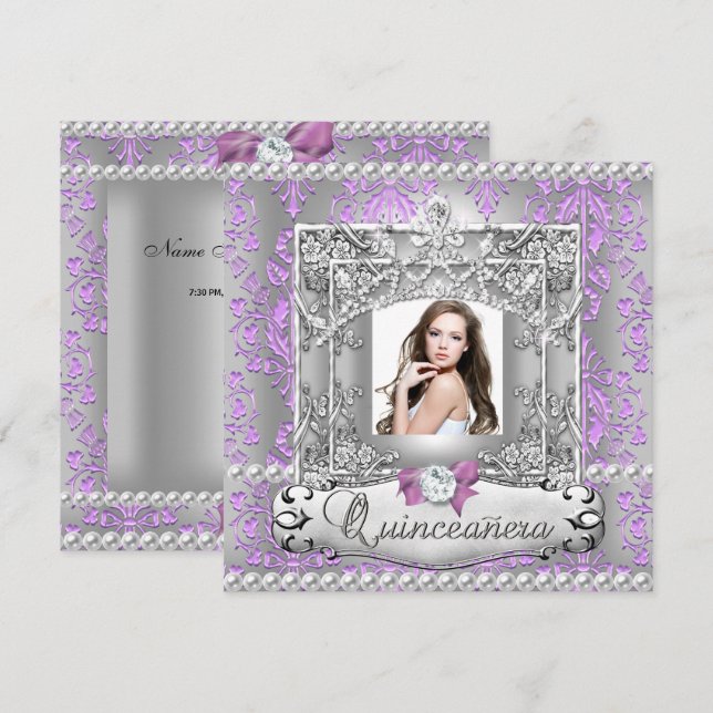 Quinceanera 15th Birthday Party Damask Lilac Invitation (Front/Back)